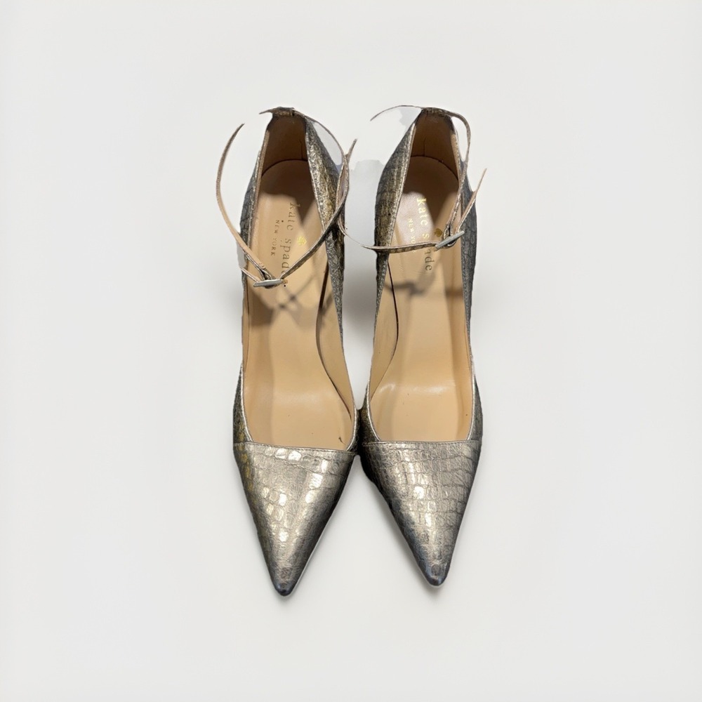 Kate Spade Women Size‎ 6 Gold Snake skin Pattern Ankle Strap Pointed heels 3.5”